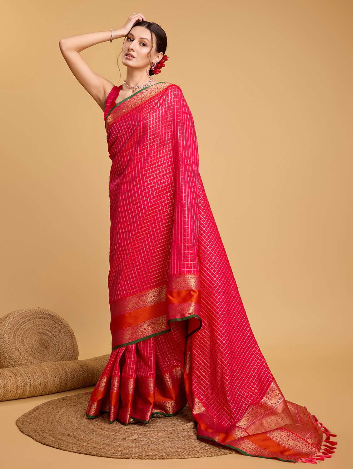 women checkered bordered saree with blouse - 22274067 -  Standard Image - 1