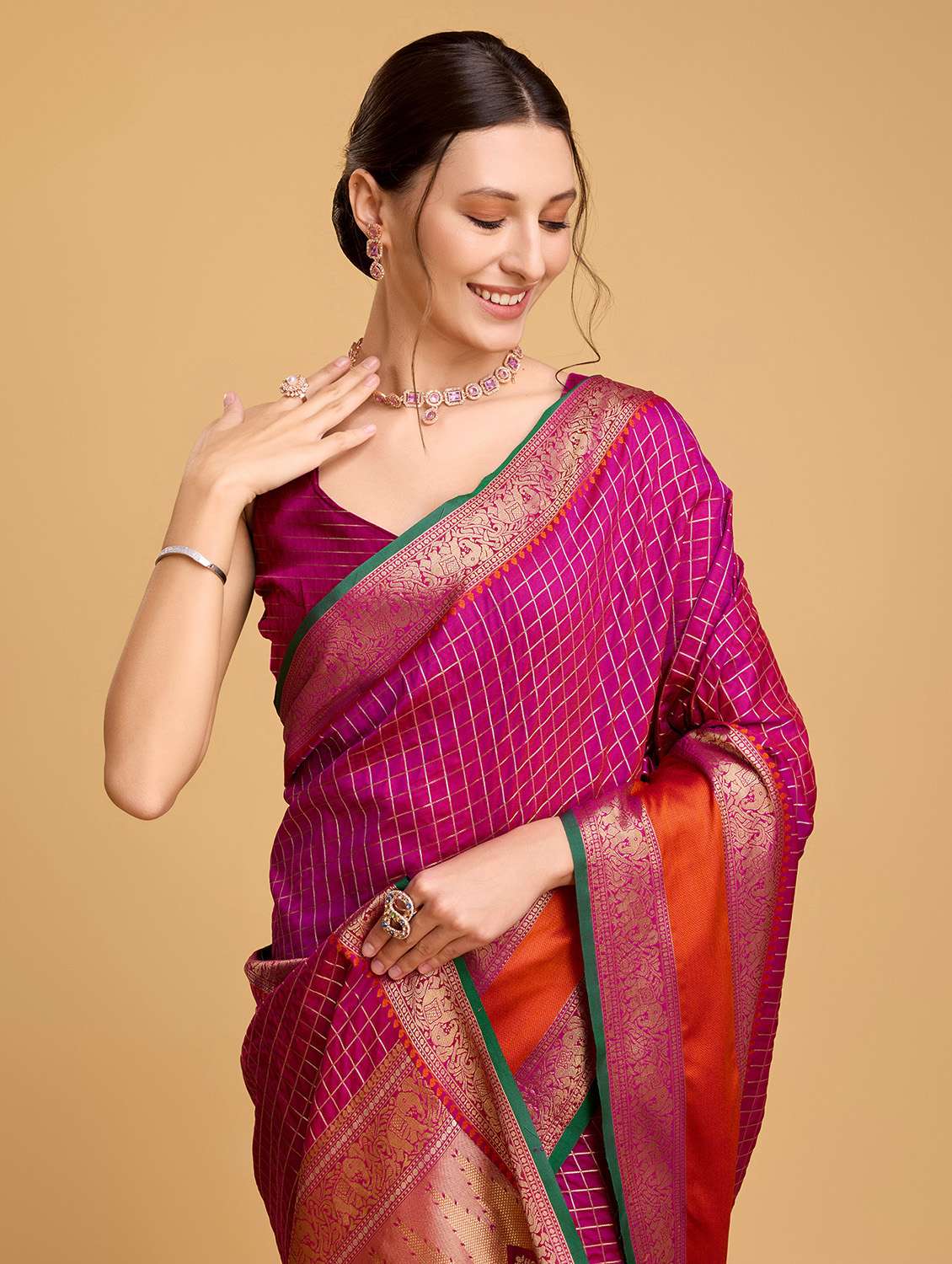 women checkered bordered saree with blouse - 22274068 -  Standard Image - 1
