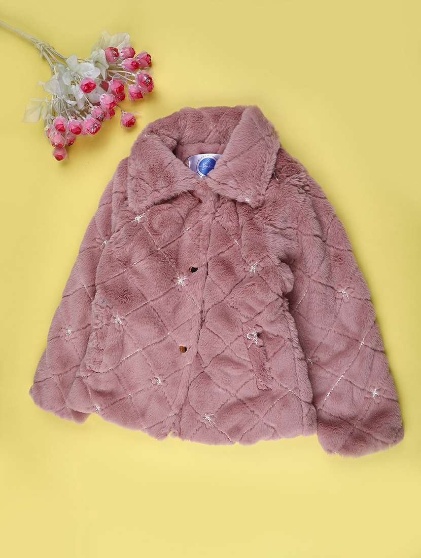 girls solid long sleeve fur jacket