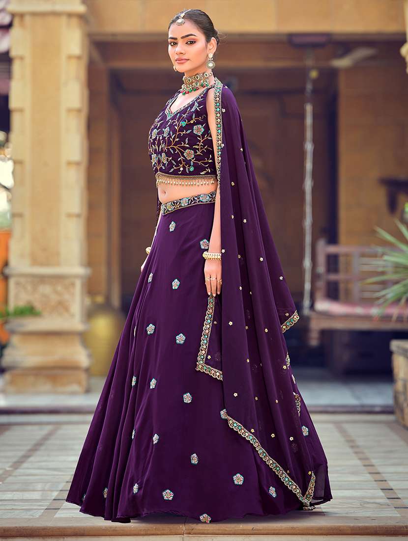 women solid with work semi stitched flared lehenga - 22274245 -  Standard Image - 1