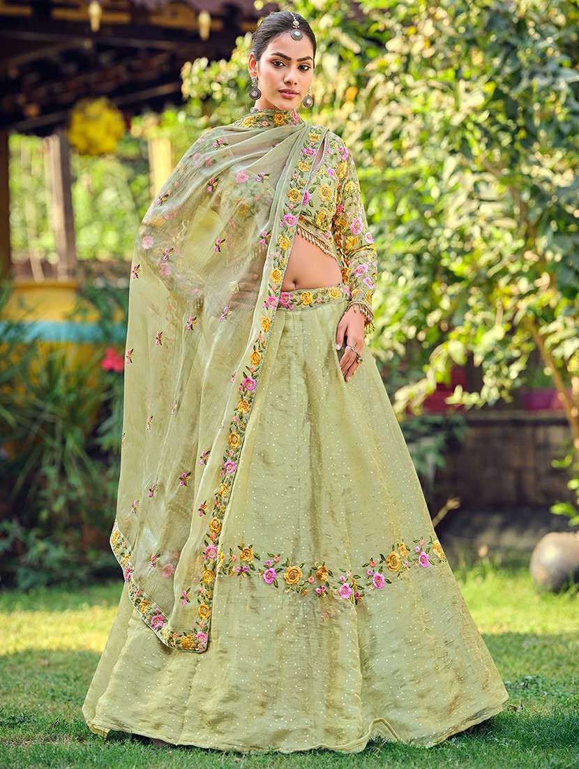 women solid with work semi stitched flared lehenga - 22274250 -  Standard Image - 1