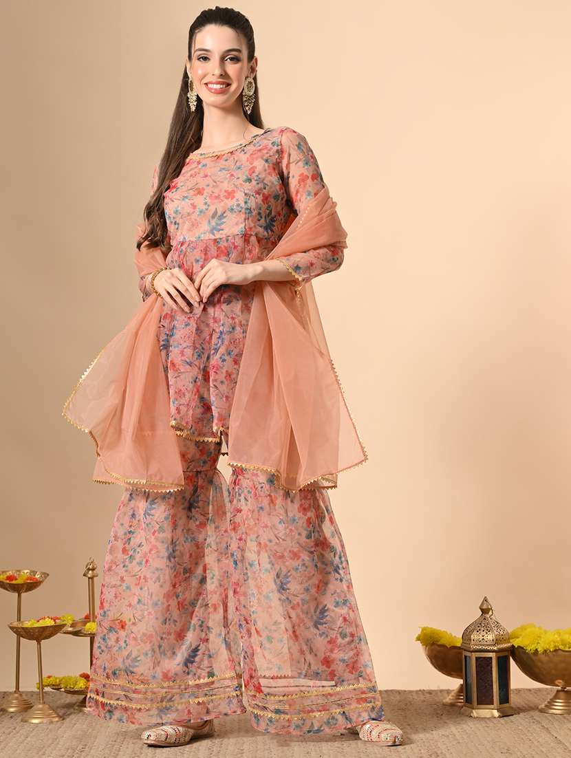 women floral print kurta and sharara with dupatta 