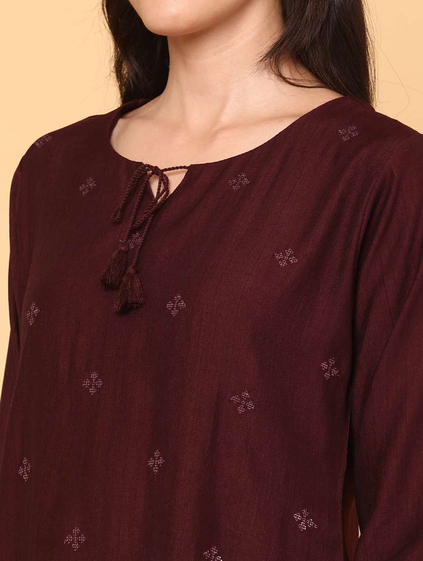 women solid with work three quarter sleeve straight kurta - 22274643 -  Standard Image - 1