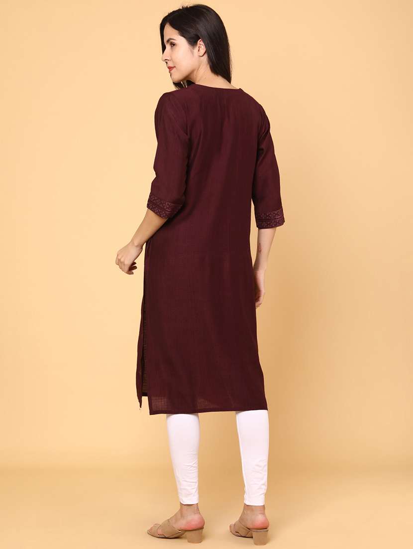 women solid with work three quarter sleeve straight kurta - 22274643 -  Standard Image - 4