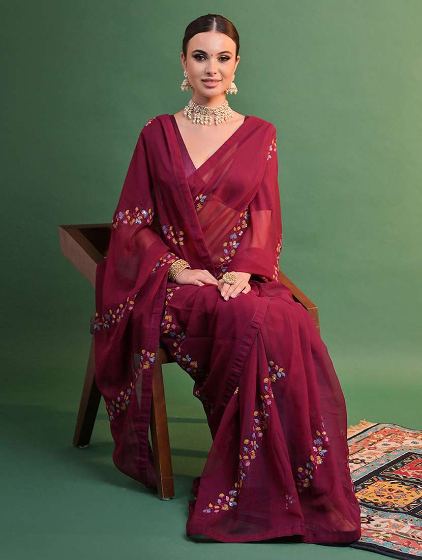 women solid with work embroidered saree with blouse - 22275434 -  Standard Image - 1
