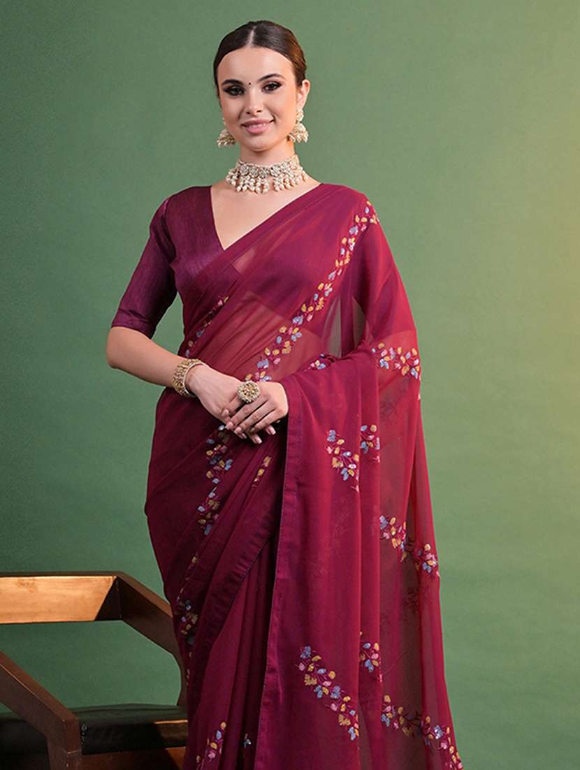 women solid with work embroidered saree with blouse - 22275434 -  Standard Image - 4