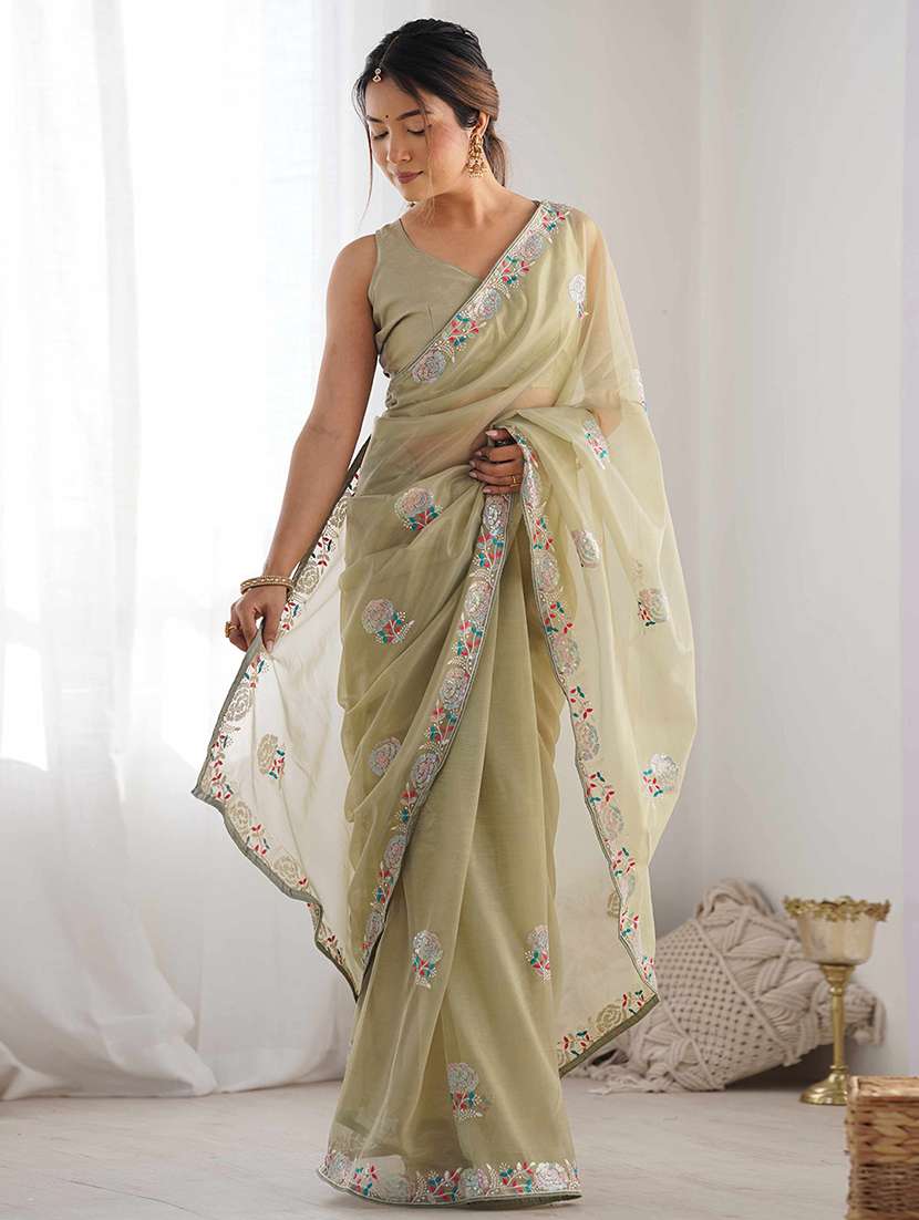 women solid with work embroidered saree with blouse - 22275442 -  Standard Image - 1