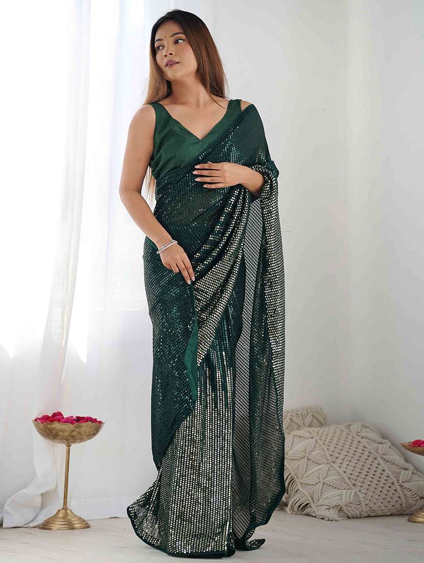 women solid with work embellished saree with blouse