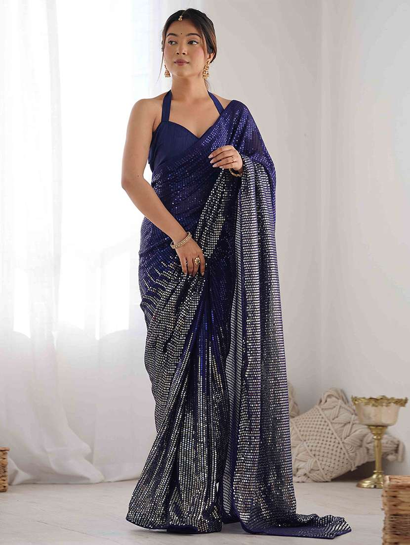 women solid with work embellished saree with blouse