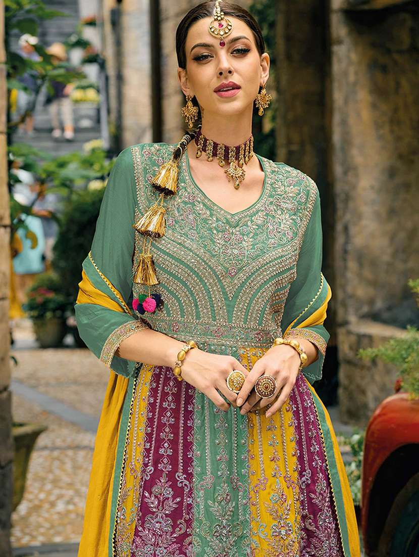 women color block semi-stitched suit set - 22276547 -  Standard Image - 1