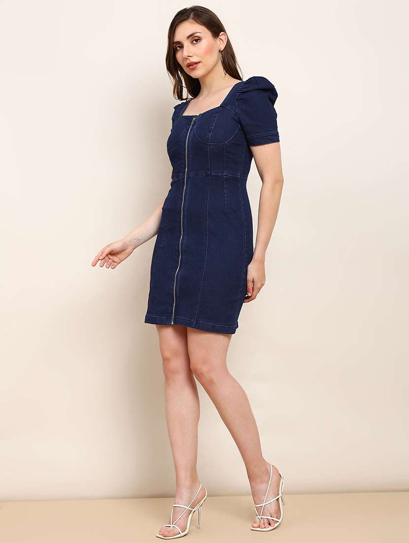 women solid puff sleeve denim bodycon dress - 22277449 -  Standard Image - 1