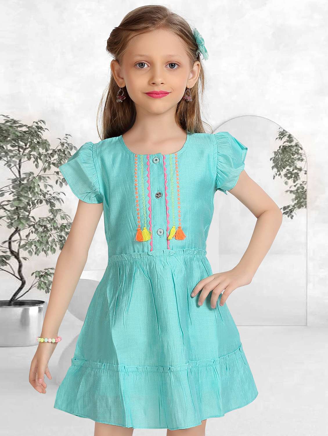girls solid short sleeve tiered frock - 22277507 -  Standard Image - 4