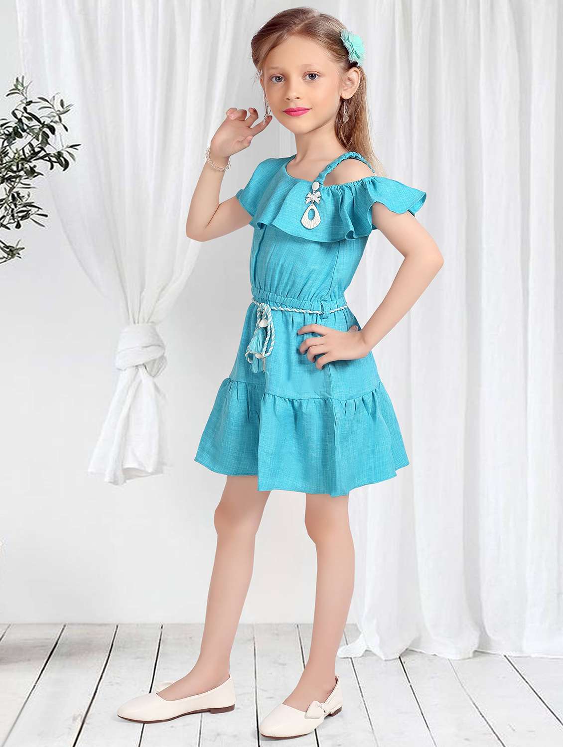 girls solid off shoulder tiered frock - 22277515 -  Standard Image - 1