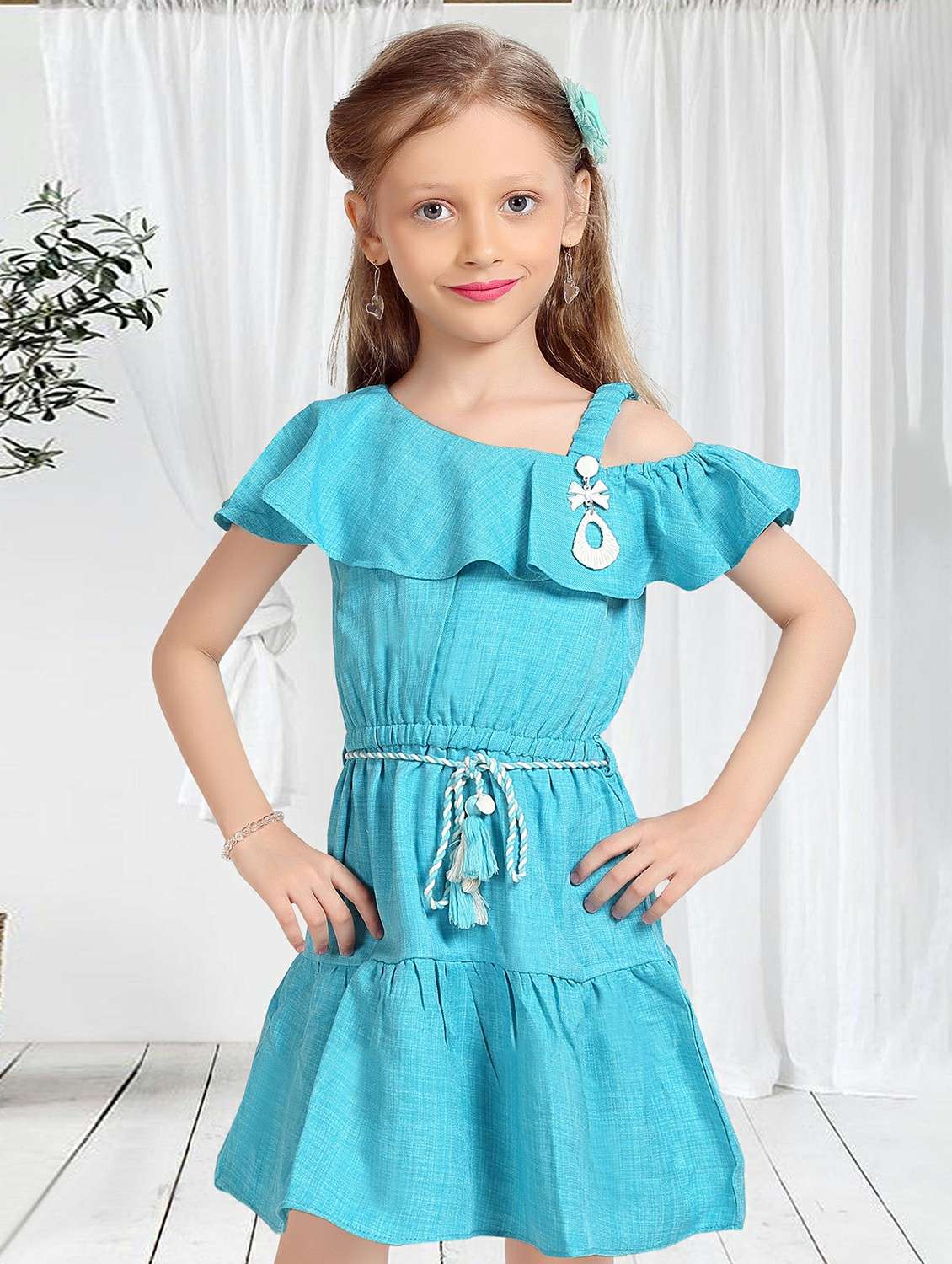 girls solid off shoulder tiered frock - 22277515 -  Standard Image - 4