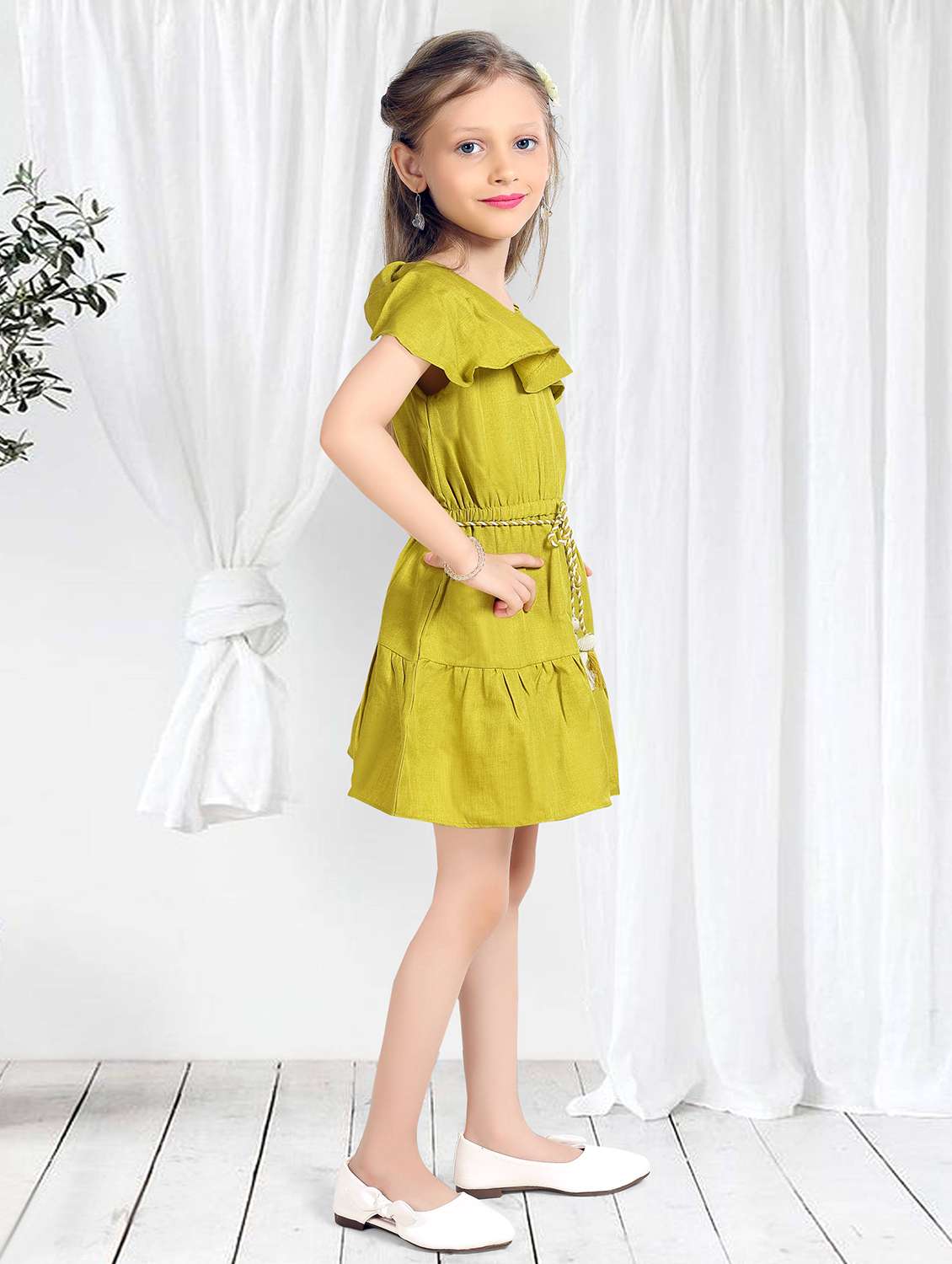 girls solid off shoulder tiered frock - 22277516 -  Standard Image - 1