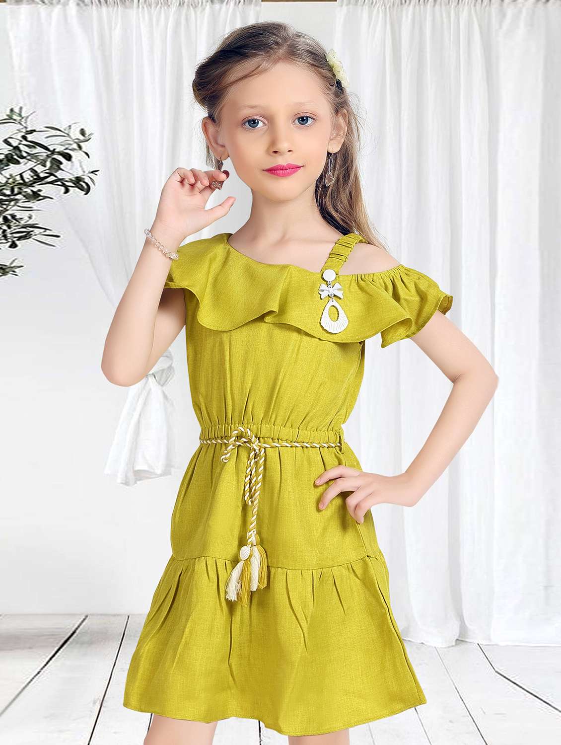 girls solid off shoulder tiered frock - 22277516 -  Standard Image - 4