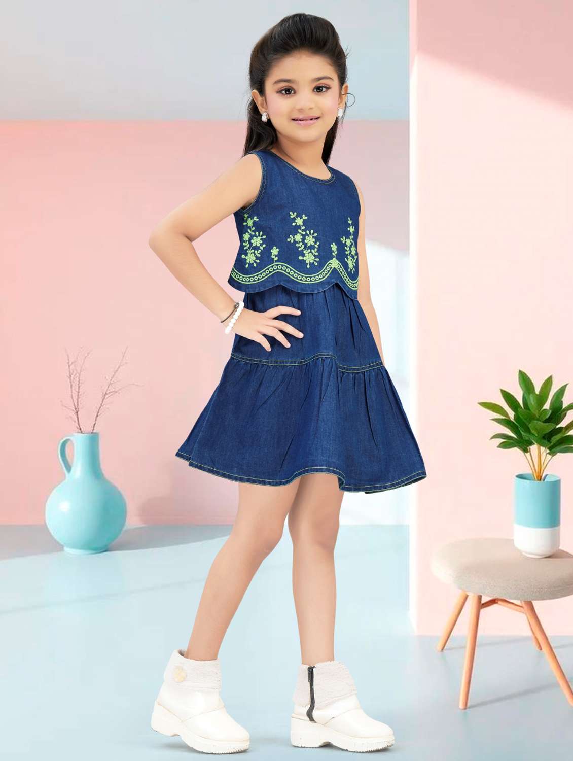 girls embroidered sleeveless denim tiered dress - 22277518 -  Standard Image - 1