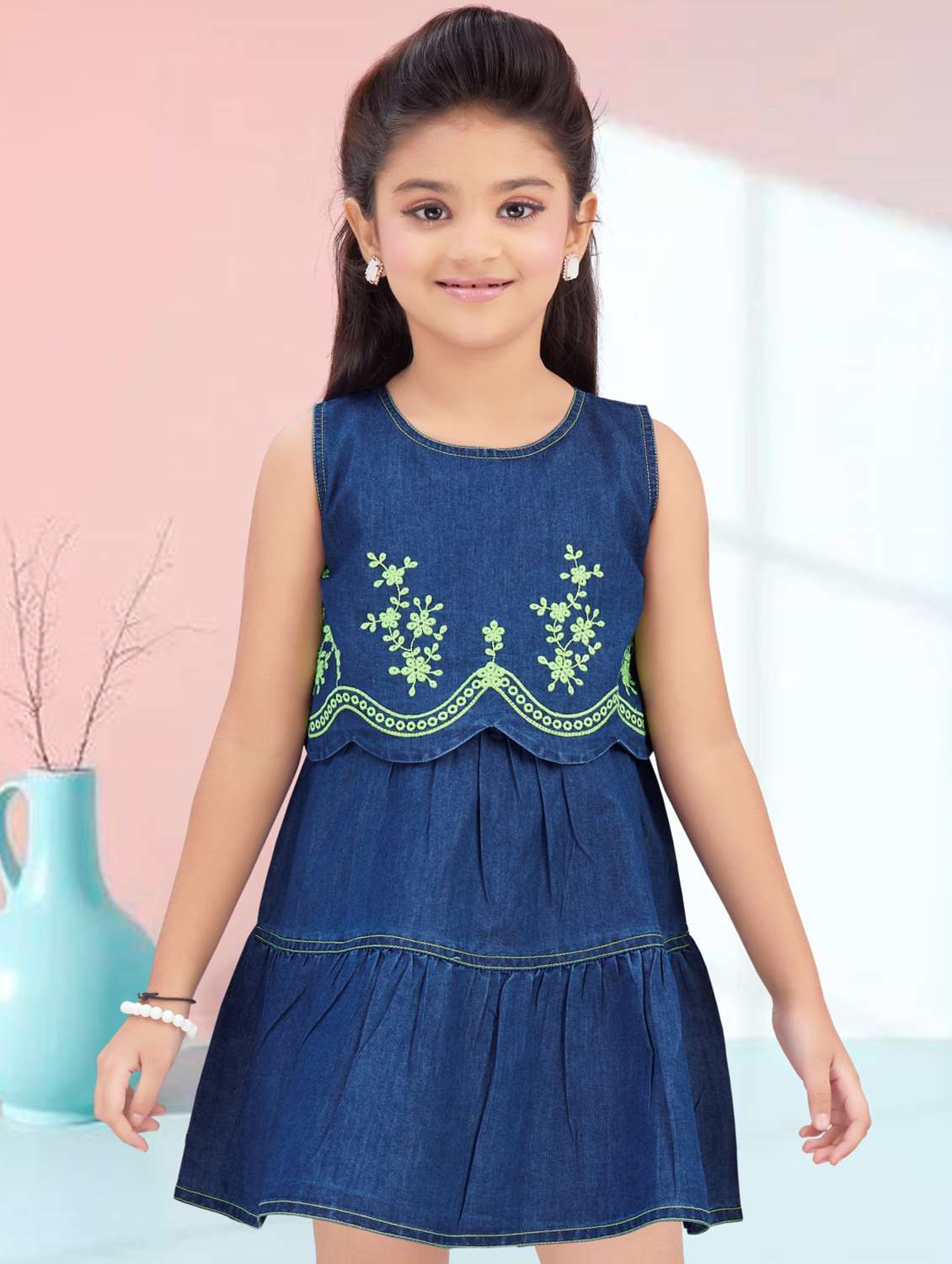 girls embroidered sleeveless denim tiered dress - 22277518 -  Standard Image - 4