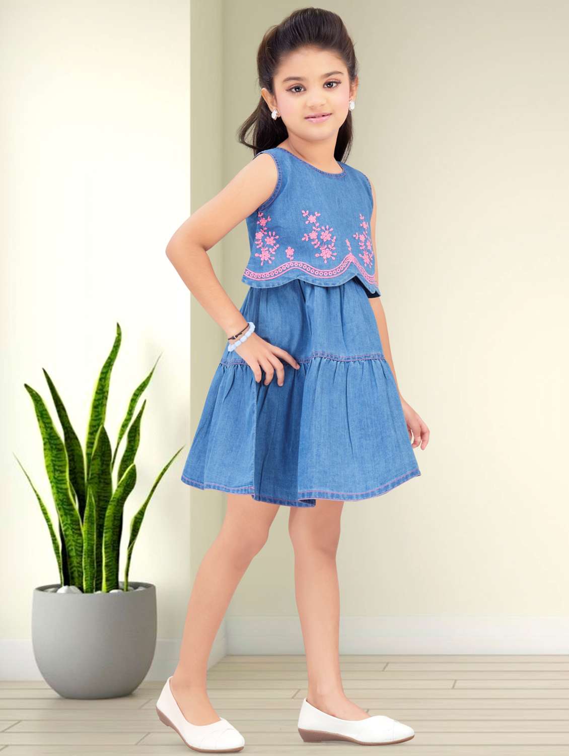 girls embroidered sleeveless denim tiered dress - 22277519 -  Standard Image - 1