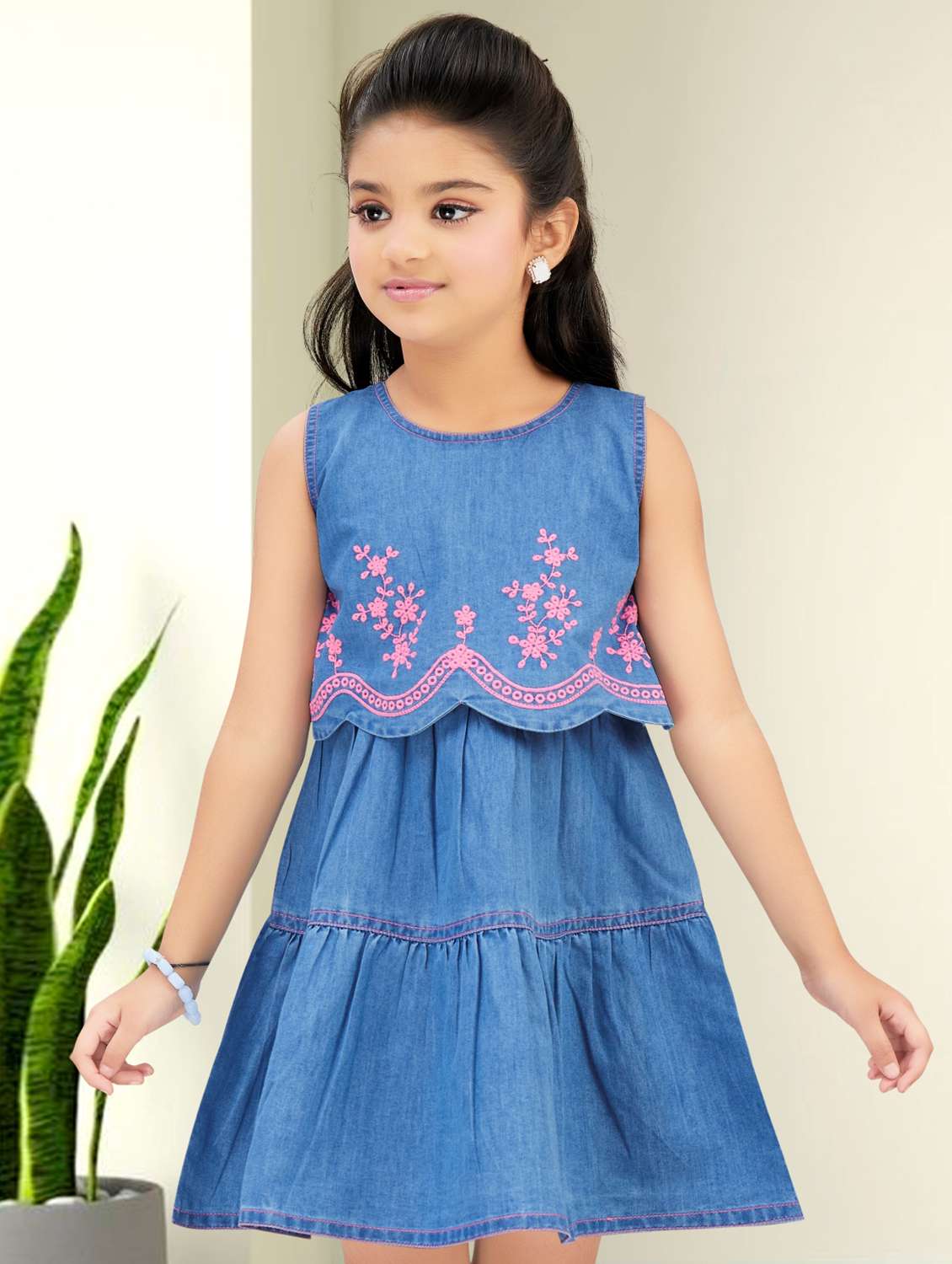 girls embroidered sleeveless denim tiered dress - 22277519 -  Standard Image - 4
