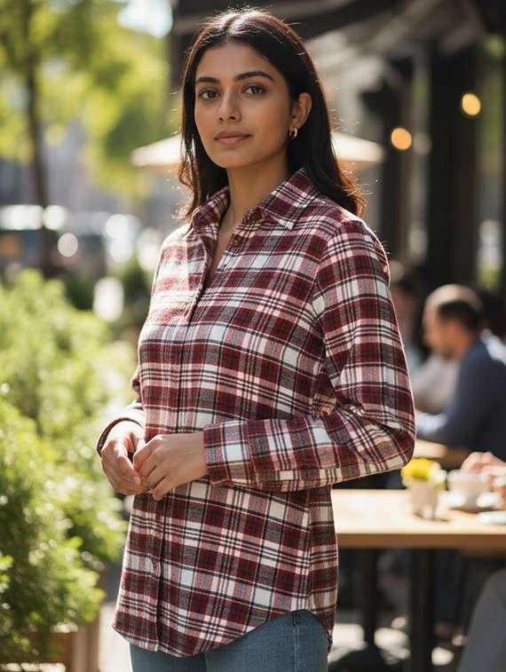 women checkererd collared long sleeve shirt