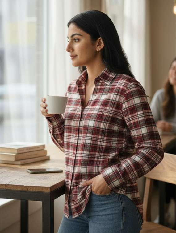 women checkererd collared long sleeve shirt - 22277520 -  Standard Image - 1