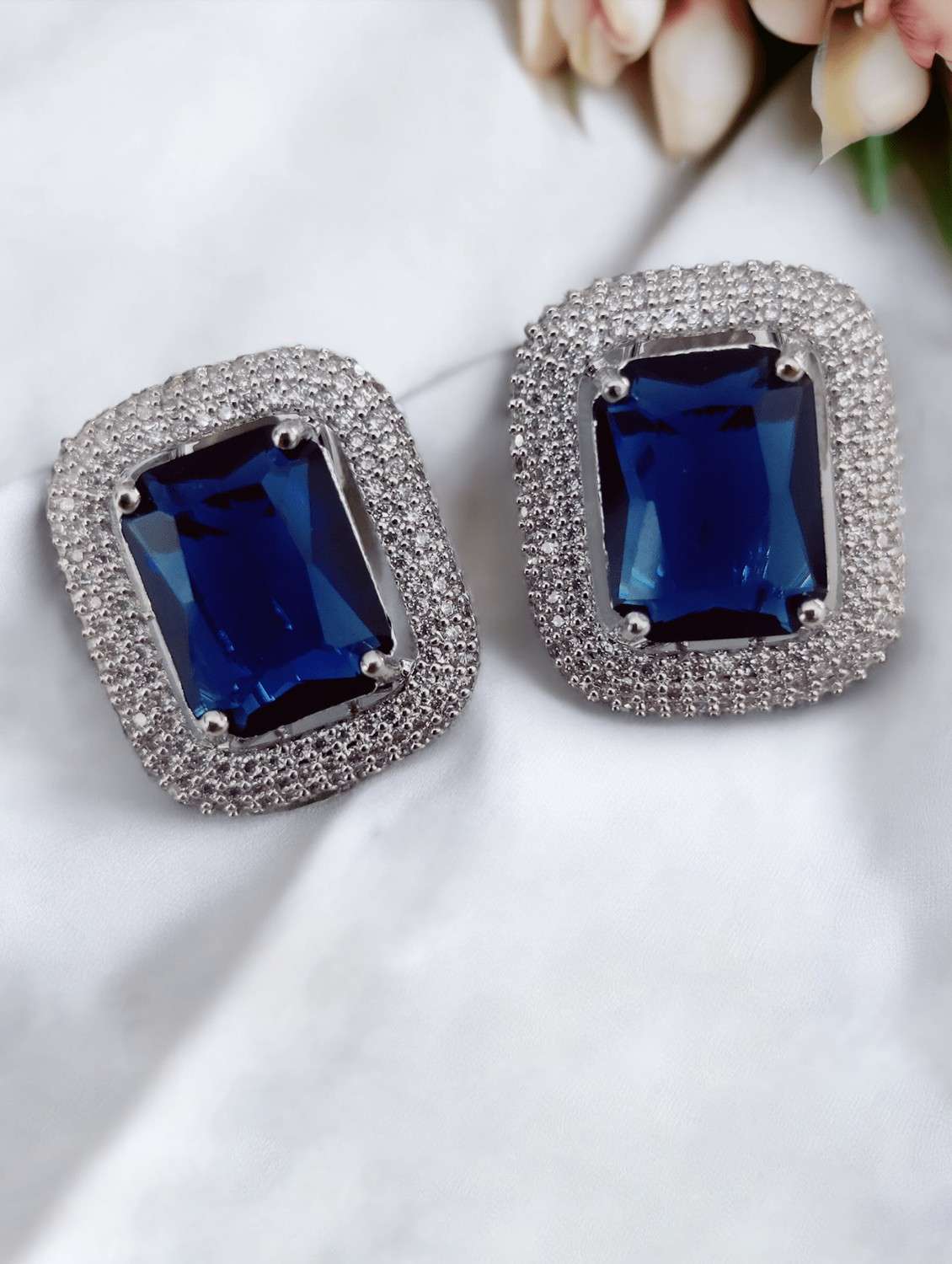 women blue brass studs earring