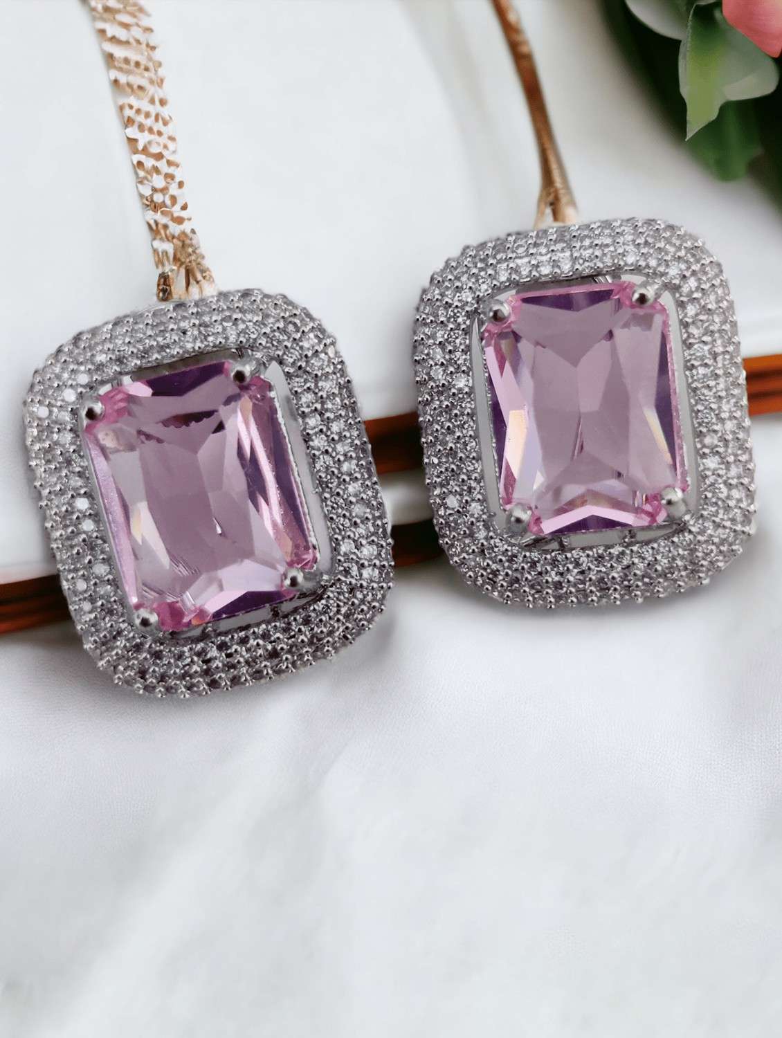 women pink brass studs earring