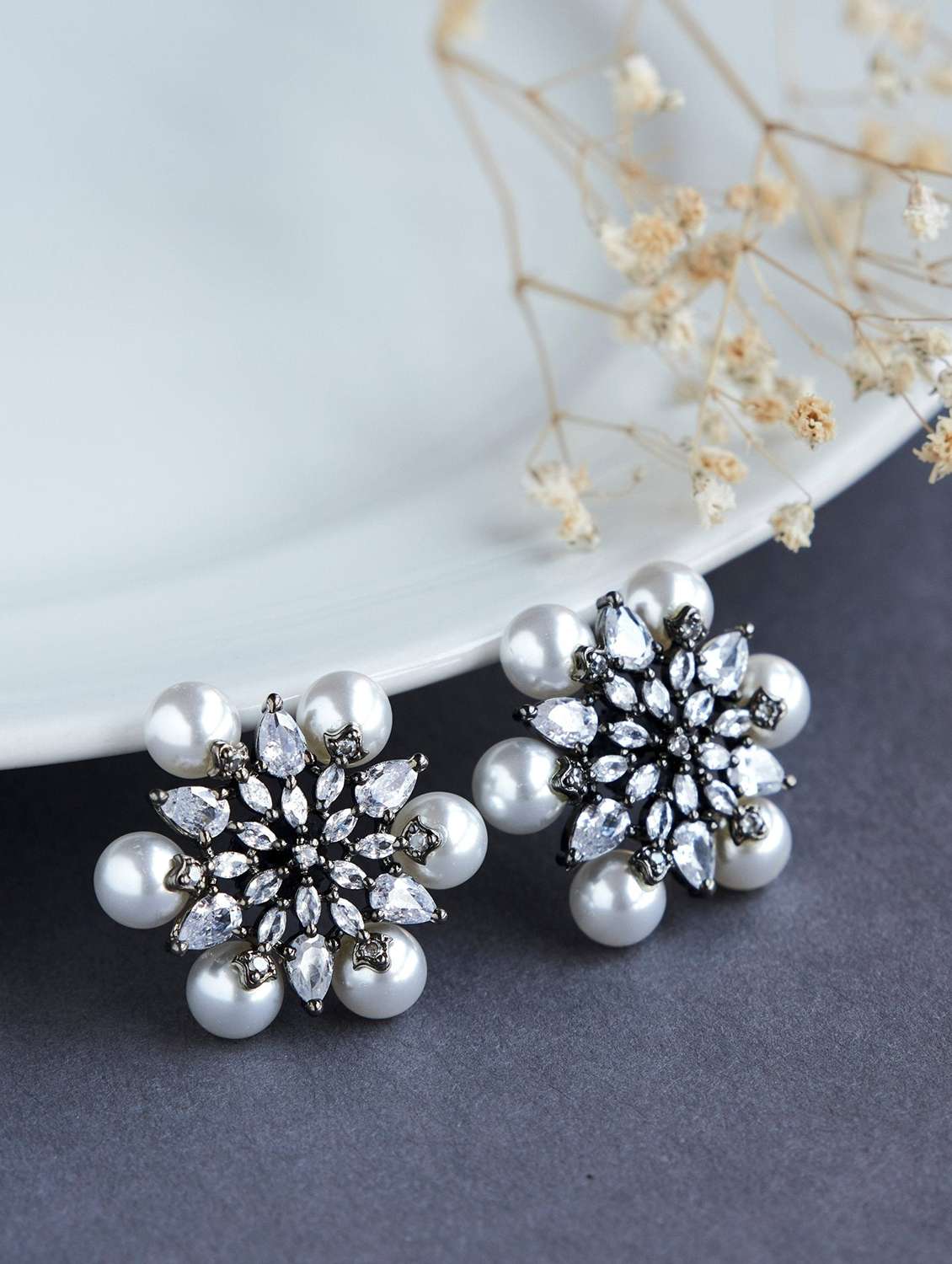 opal touch timeless beauty white pearl studded earrings