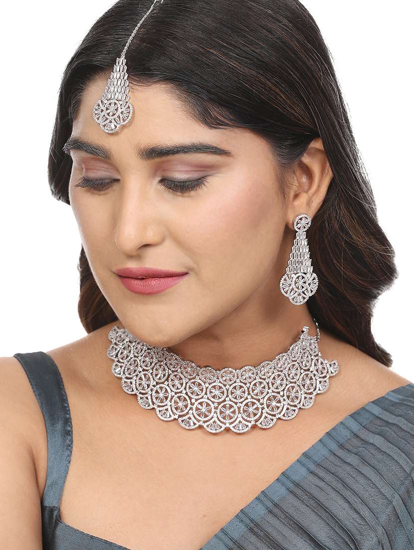women stone studded necklace with earring and mangtikka set - 22277929 -  Standard Image - 1
