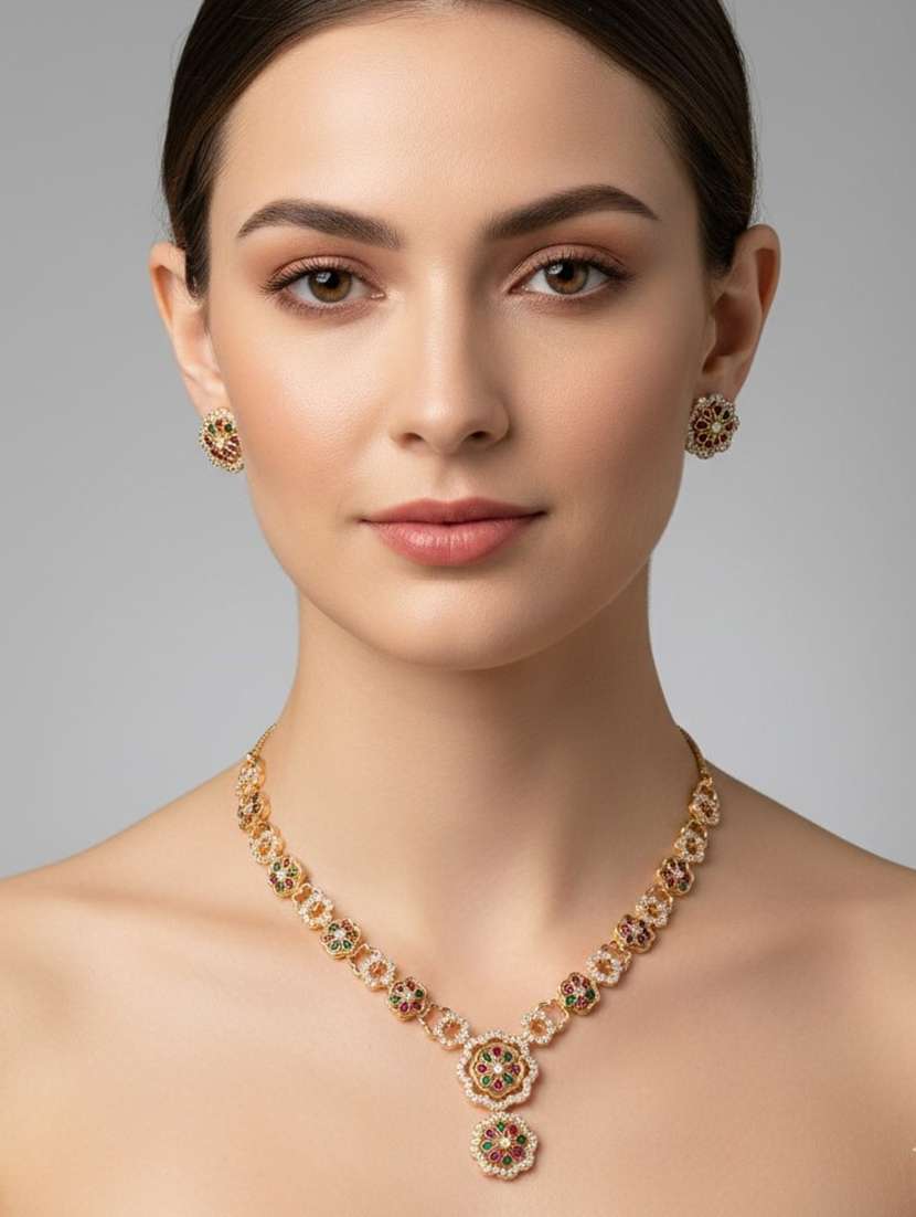 women stone studded necklace and earring set - 22278013 -  Standard Image - 1