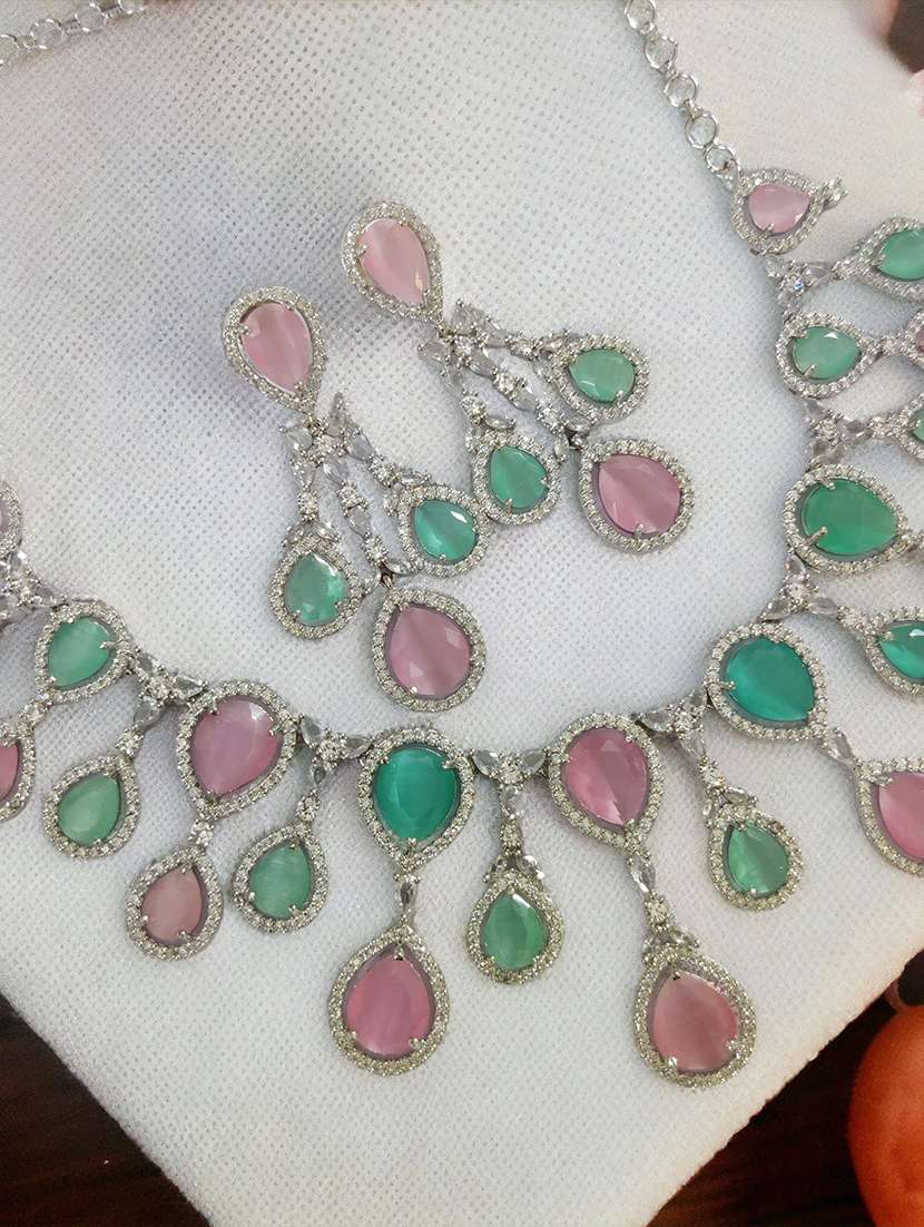 women stone studded necklace and earring set - 22278029 -  Standard Image - 1