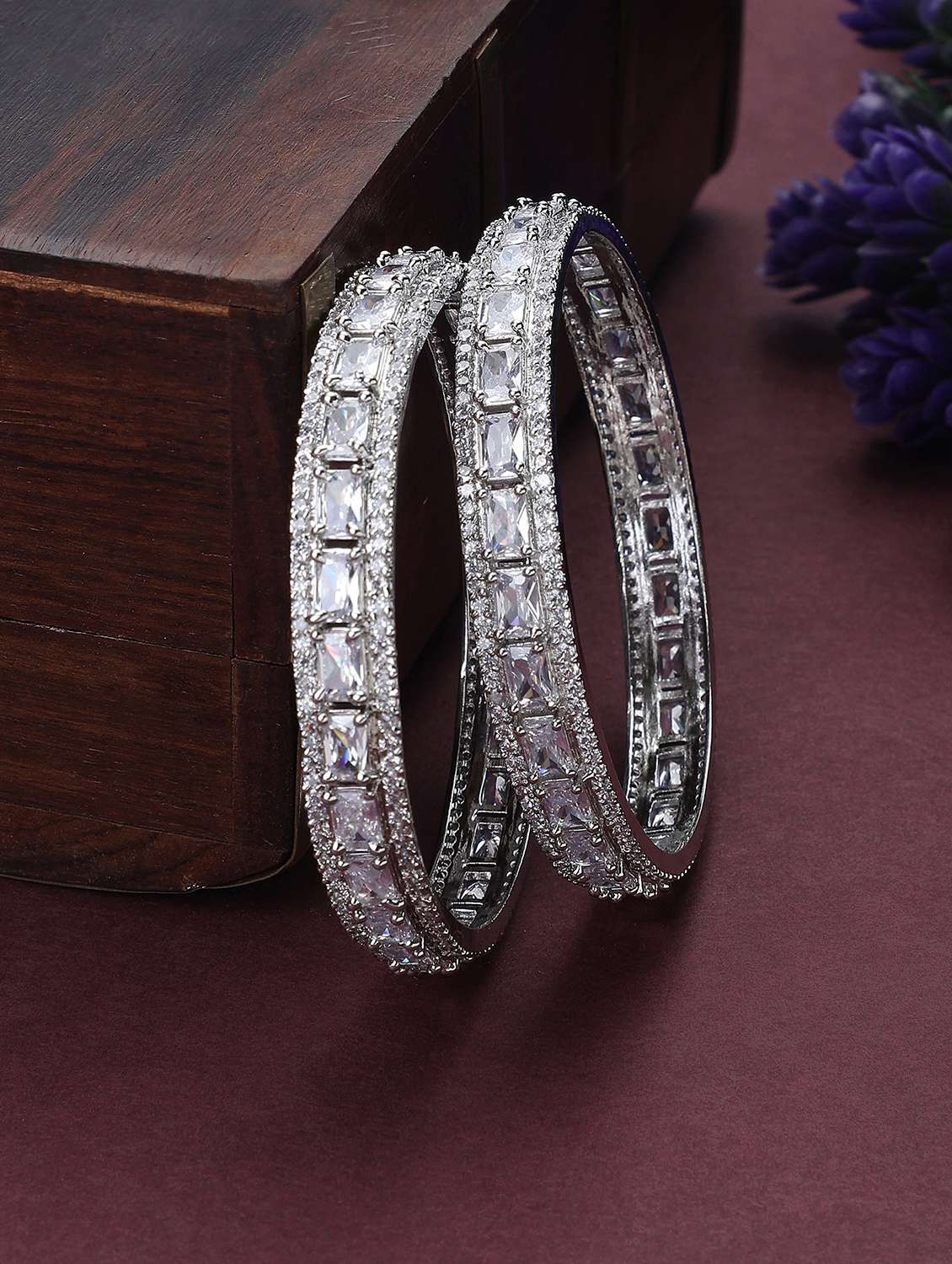 crystal cubic zirconia rhodium bangles (pack of 2)