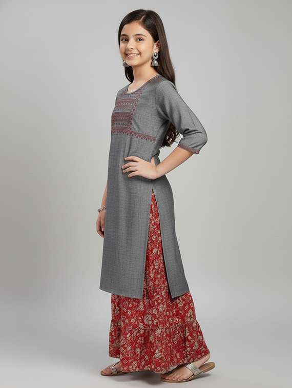 girls three quarter sleeve straight kurta - 22278312 -  Standard Image - 1