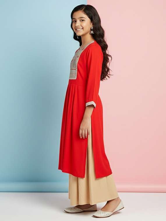 girls three quarter sleeve a-line kurta - 22278387 -  Standard Image - 1