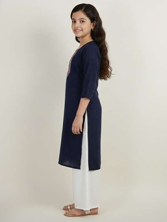 girls self design three quarter sleeve kurta - 22278401 -  Standard Image - 1