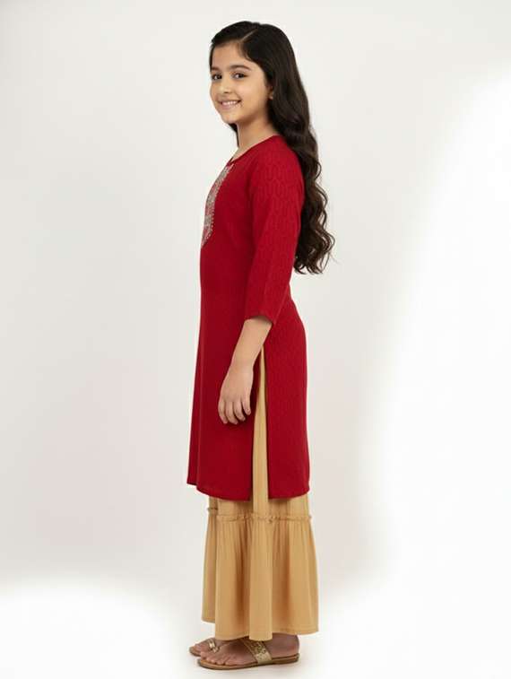 girls self design three quarter sleeve kurta - 22278402 -  Standard Image - 1