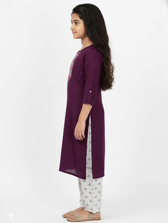 girls self design three quarter sleeve kurta - 22278404 -  Standard Image - 1