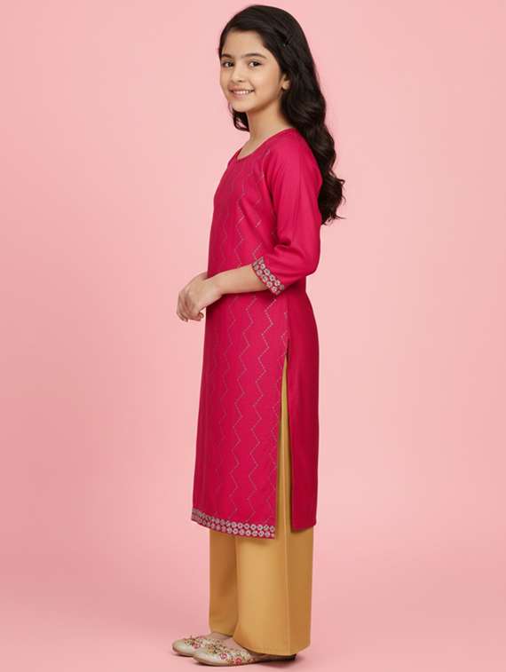 girls three quarter sleeve straight kurta - 22278409 -  Standard Image - 1