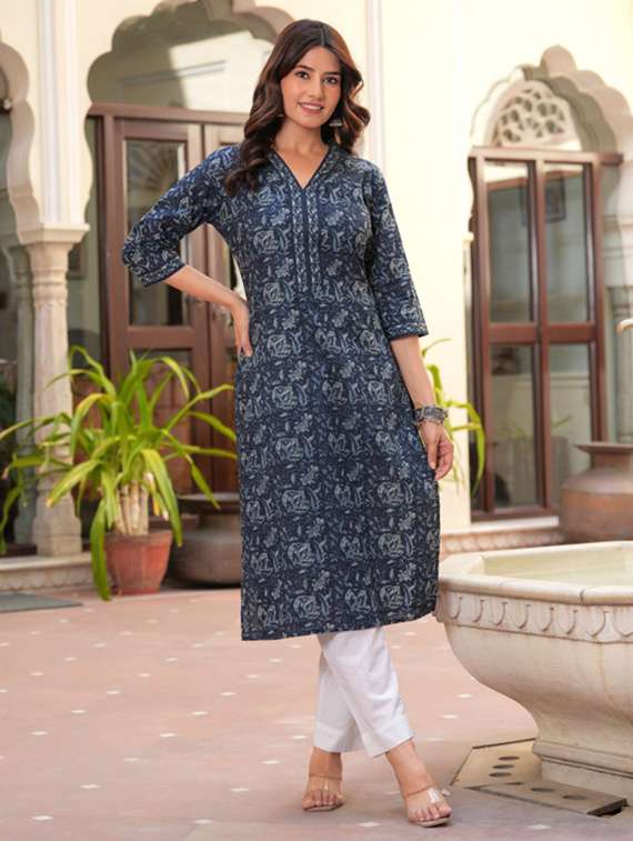 women printed three quarter sleeve straight kurta - 22278427 -  Standard Image - 1