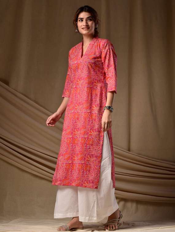 women printed three quarter sleeve straight kurta - 22278432 -  Standard Image - 1