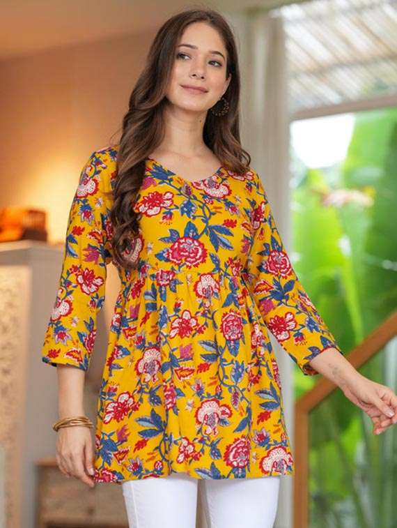women floral printed three quarter sleeve a-line kurti