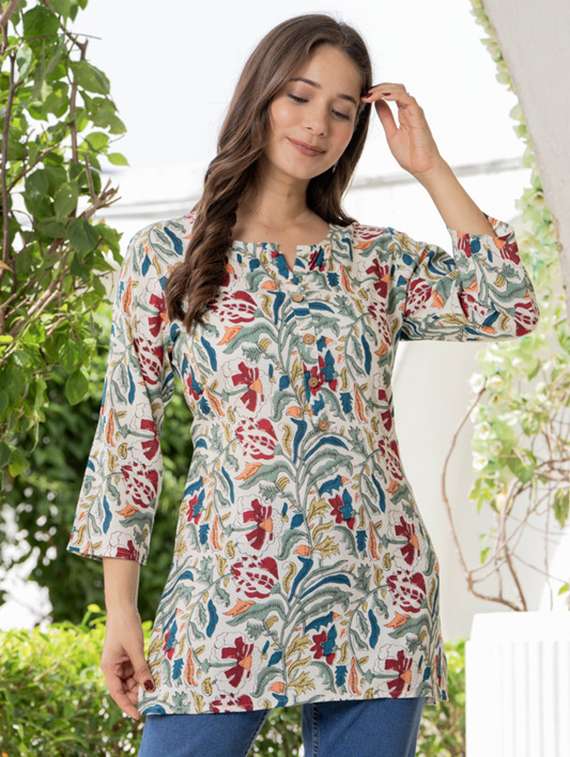 women floral three quarter sleeve straight kurti