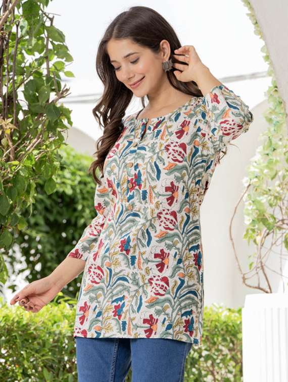 women floral three quarter sleeve straight kurti - 22278439 -  Standard Image - 1