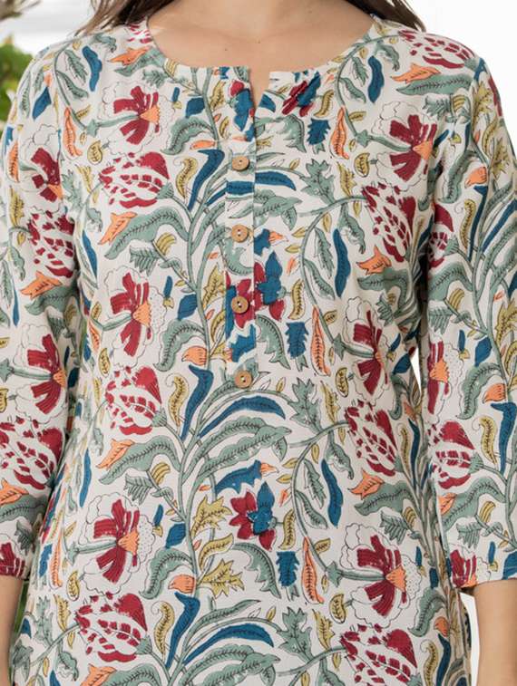women floral three quarter sleeve straight kurti - 22278439 -  Standard Image - 4