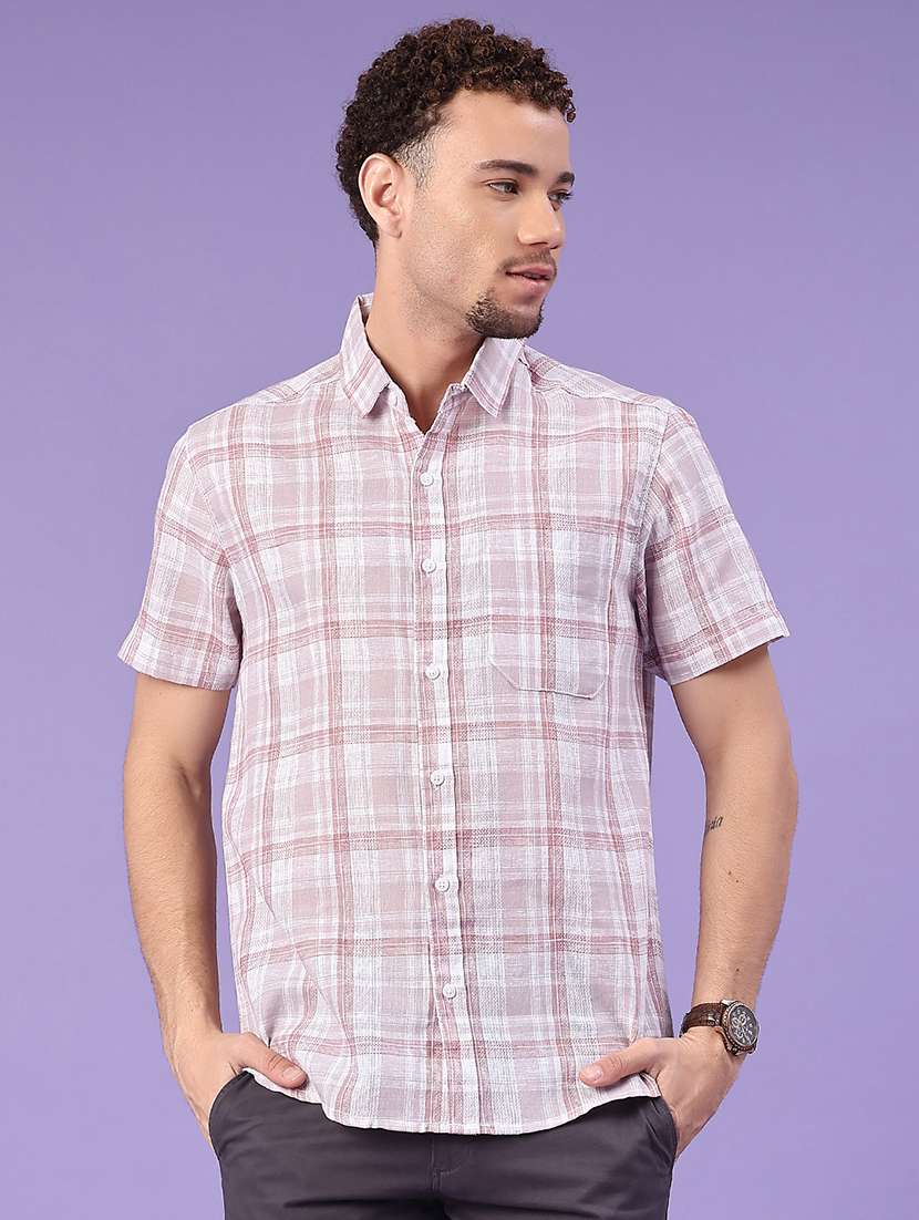 men checkered short sleeve regular fit casual shirt
