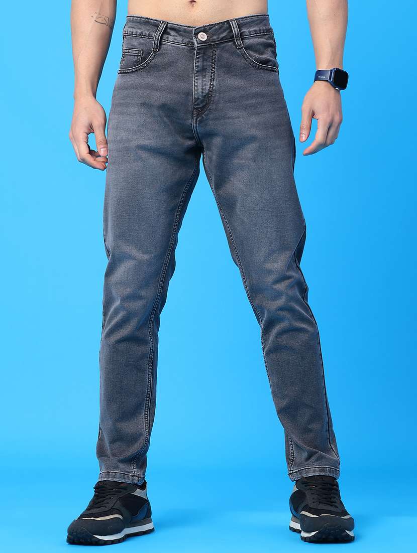 men washed mid rise full length jeans