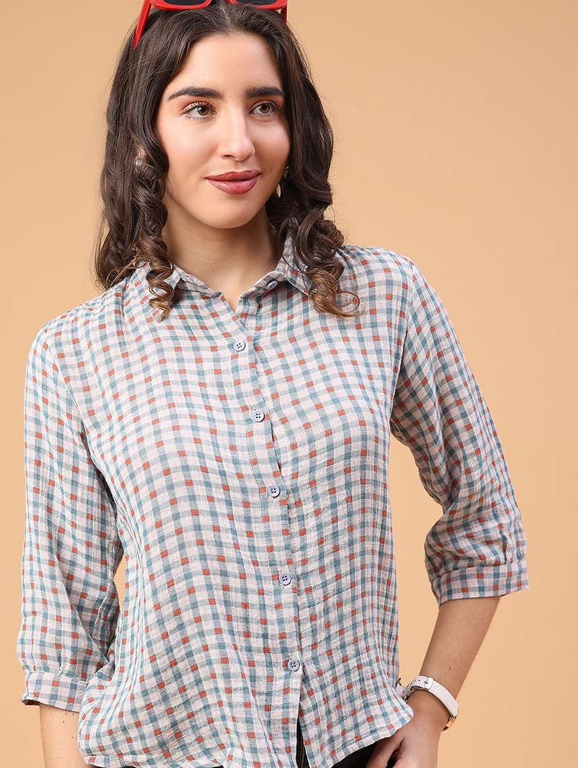 women blue cotton blend regular shirt