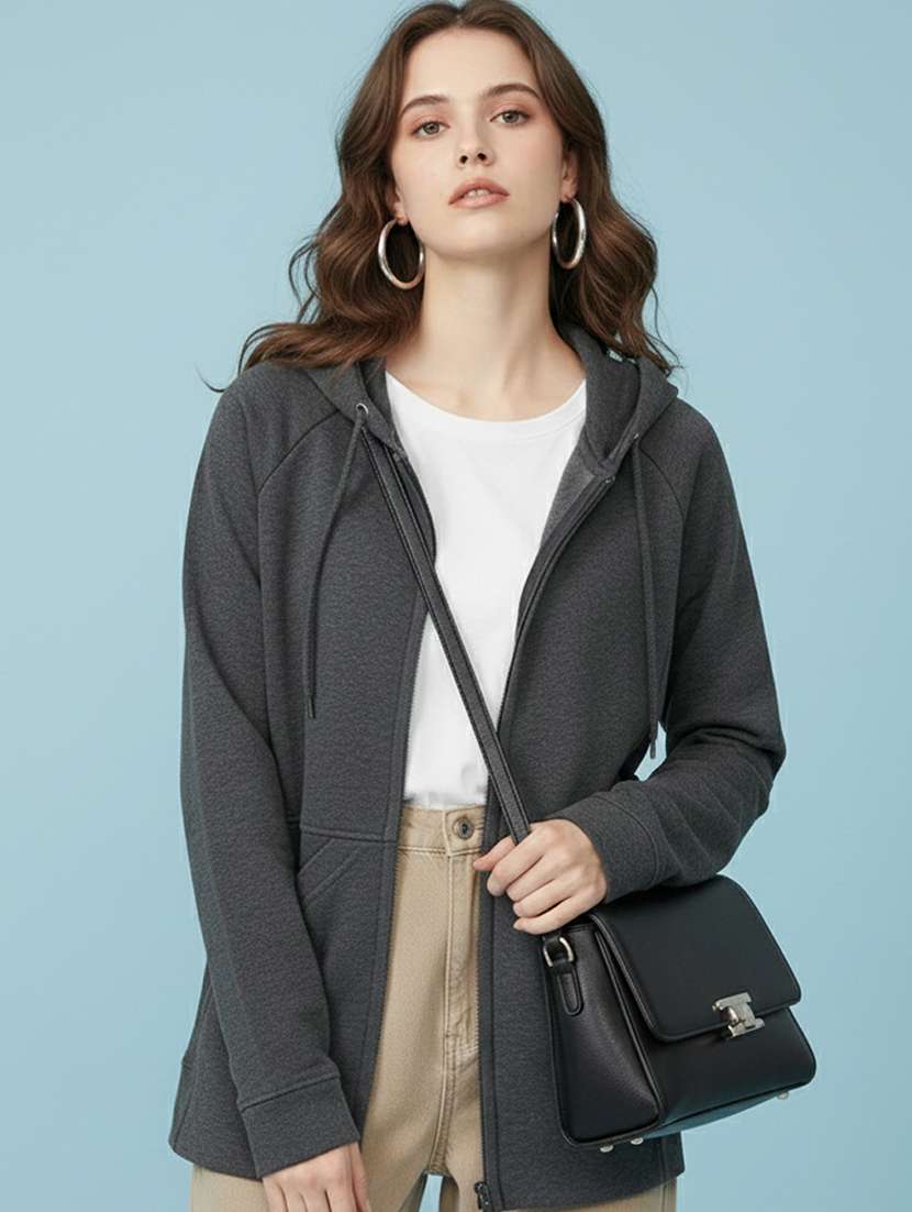 women solid long sleeve hooded sweatshirt