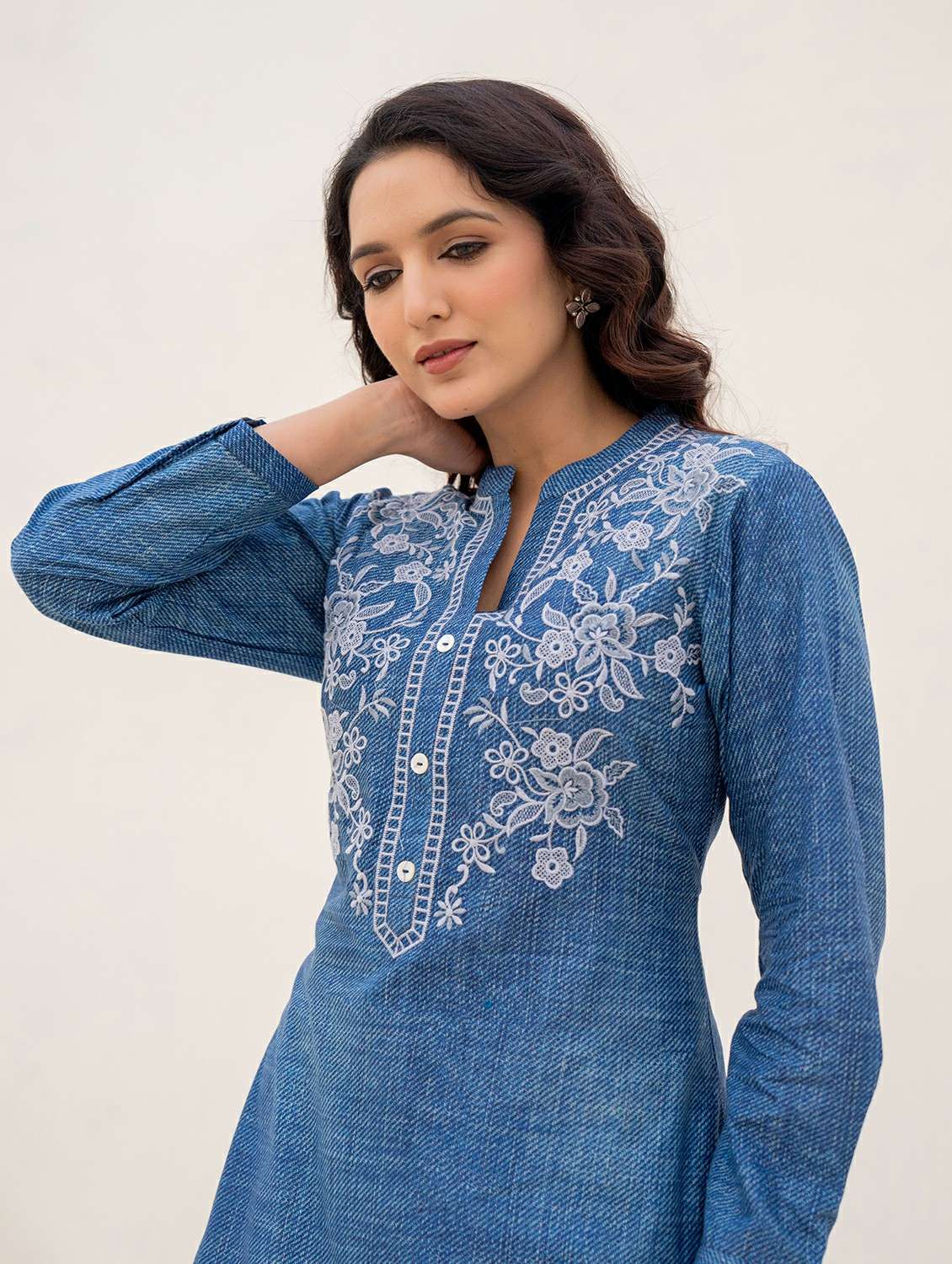 women solid with work three quarter sleeve ethnic top - 22279248 -  Standard Image - 1